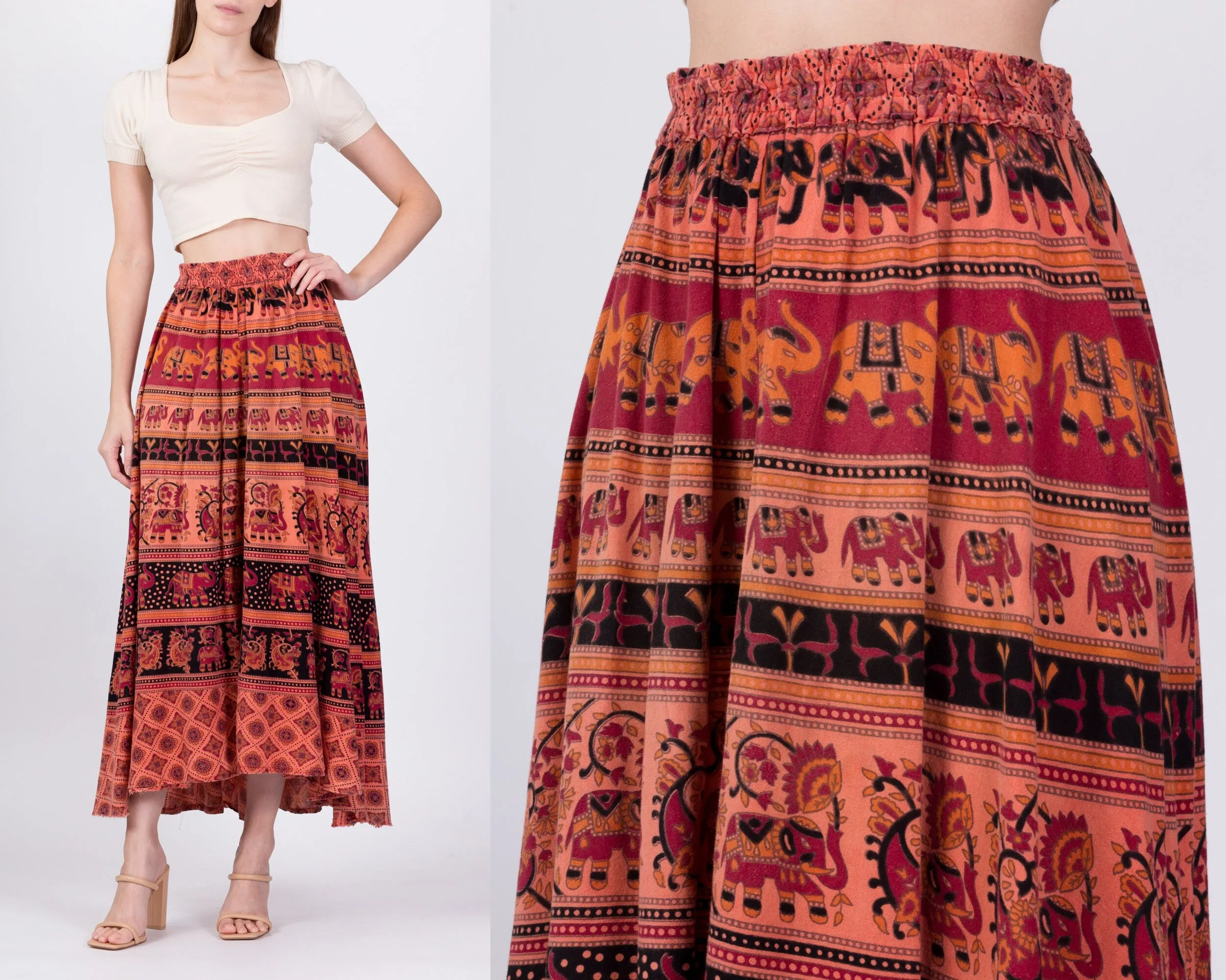 70s Boho Indian Block Print High-Low Skirt - Small to Medium