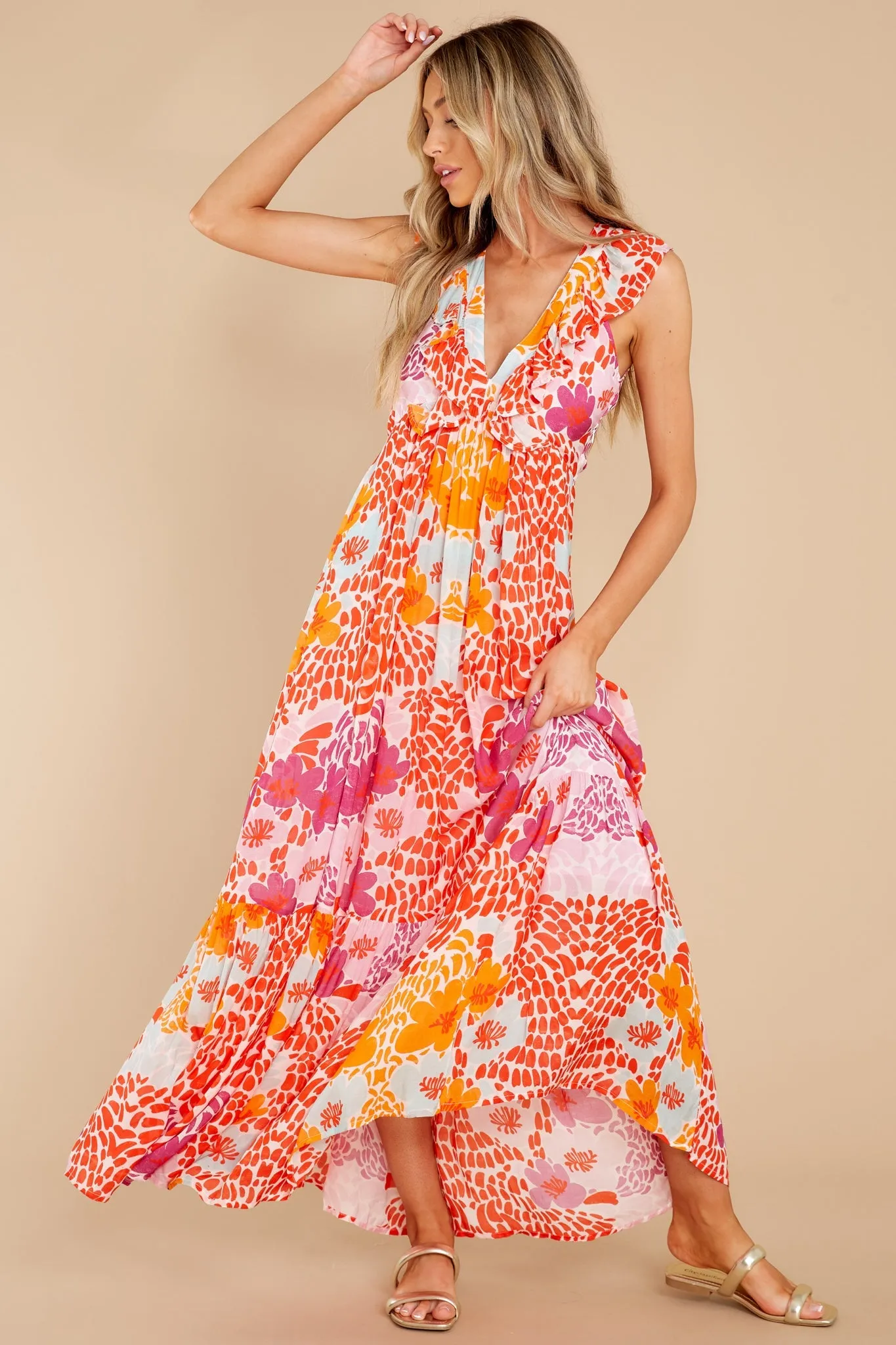 Antigua Orange Ruffle V-Neck Maxi Dress