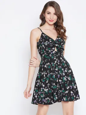 Berrylush Women Black Floral Printed V-Neck Front Twist Knot Fit & Flare Mini Dress