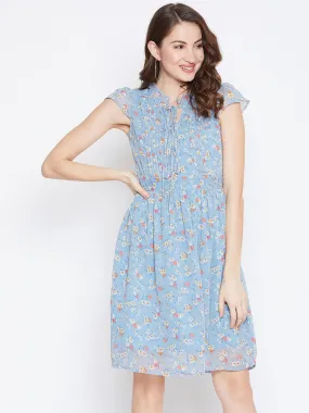 Berrylush Women Blue Floral Printed Tie-Up Neck Pleated Fit & Flare Mini Dress