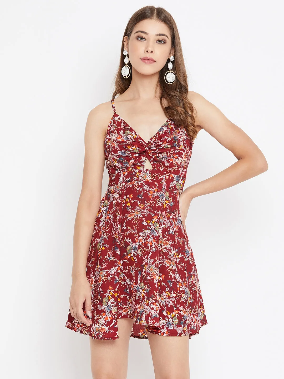 Berrylush Women Maroon Floral Printed V-Neck Front Twisted Knot Fit & Flare Mini Dress