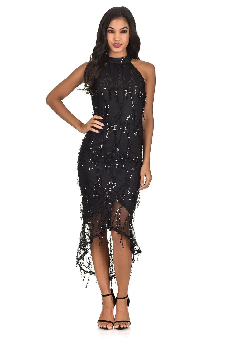 Black Cut In Dipped Hem Sequin Dress