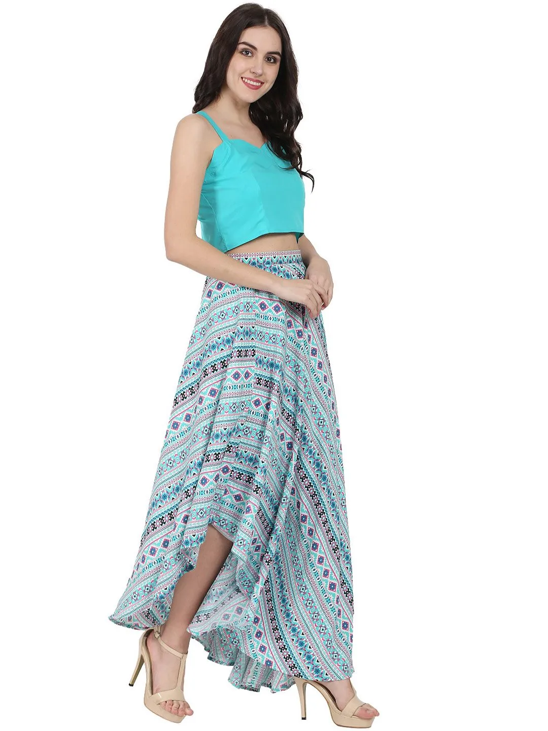 Blue Sleeveless crepe crop top with flared printed Assymetric skirt