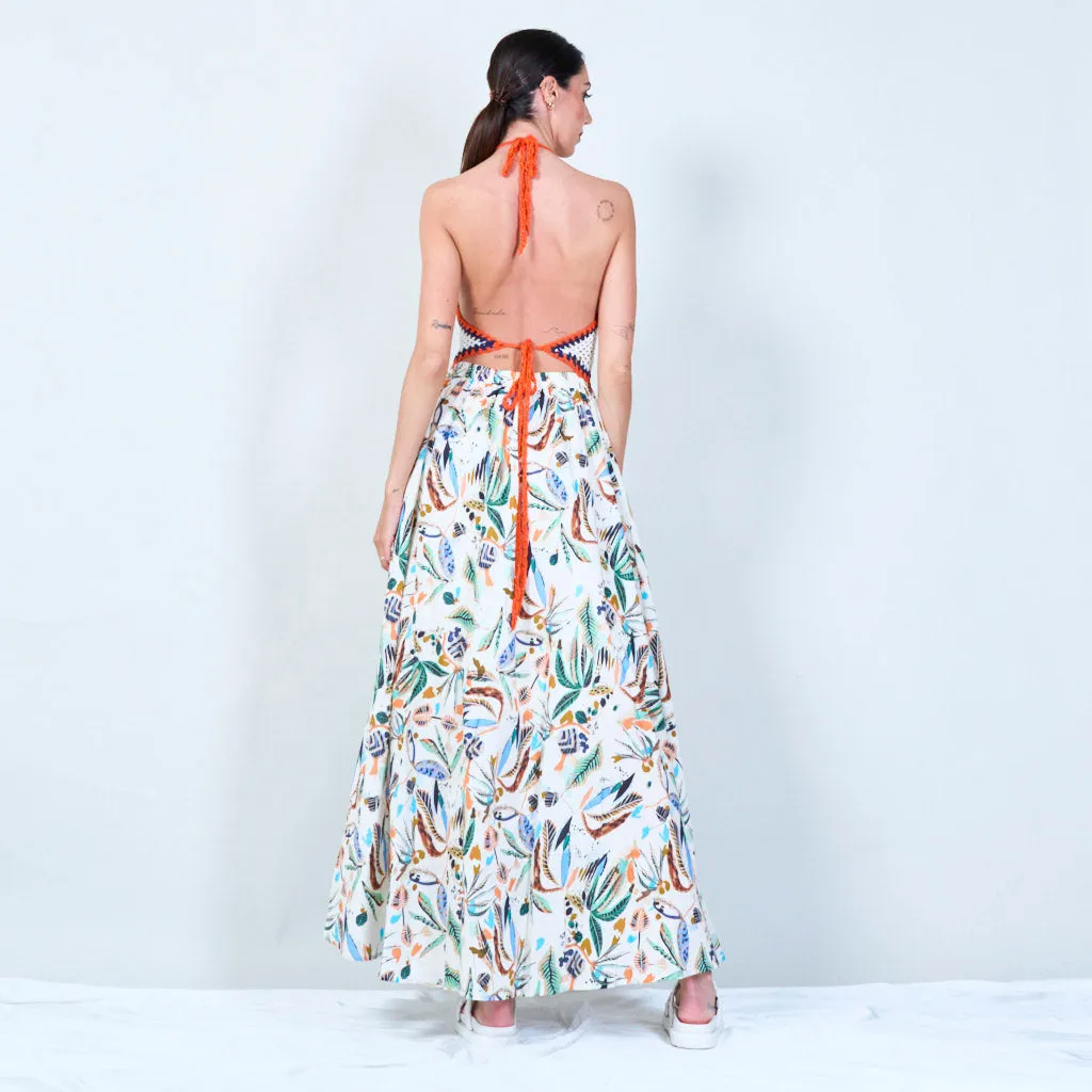 Boho crochet top maxi dress with tropical print wholesale