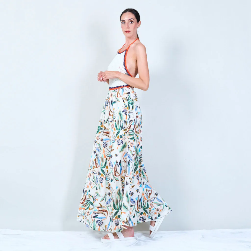 Boho crochet top maxi dress with tropical print wholesale