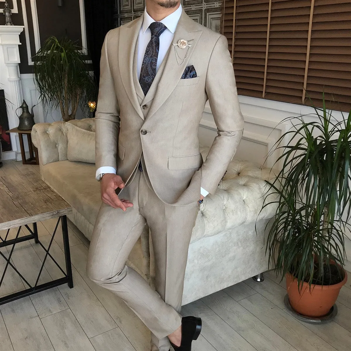 Bojoni Beige Slim-Fit Suit 3-Piece