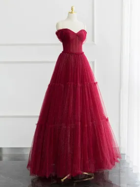 Burgundy A-line Off Shoulder Tulle Shiny Long Prom Dress,DP1567