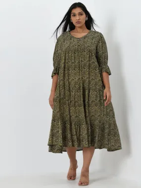 Diza Olive Leaf Printed Fit-and-Flare Tiered Dress