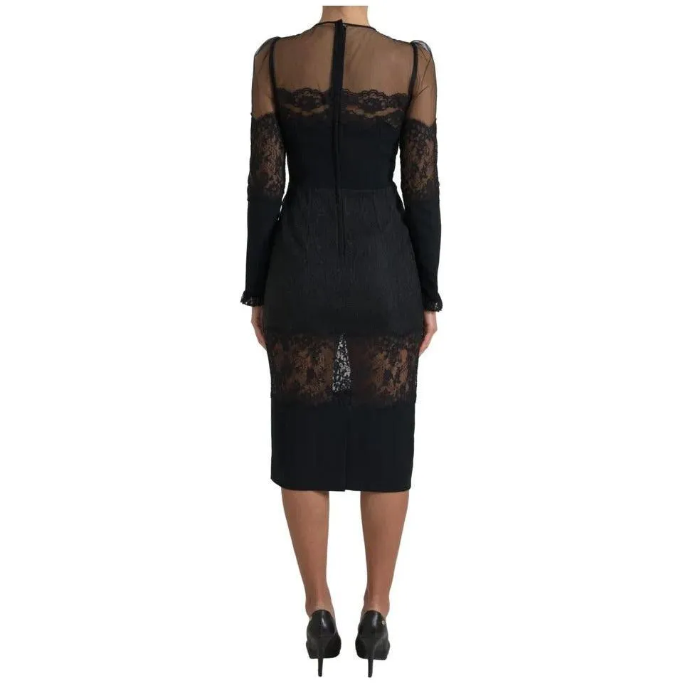 Dolce & Gabbana Black Sheer Floral Lace Sheath Midi Dress