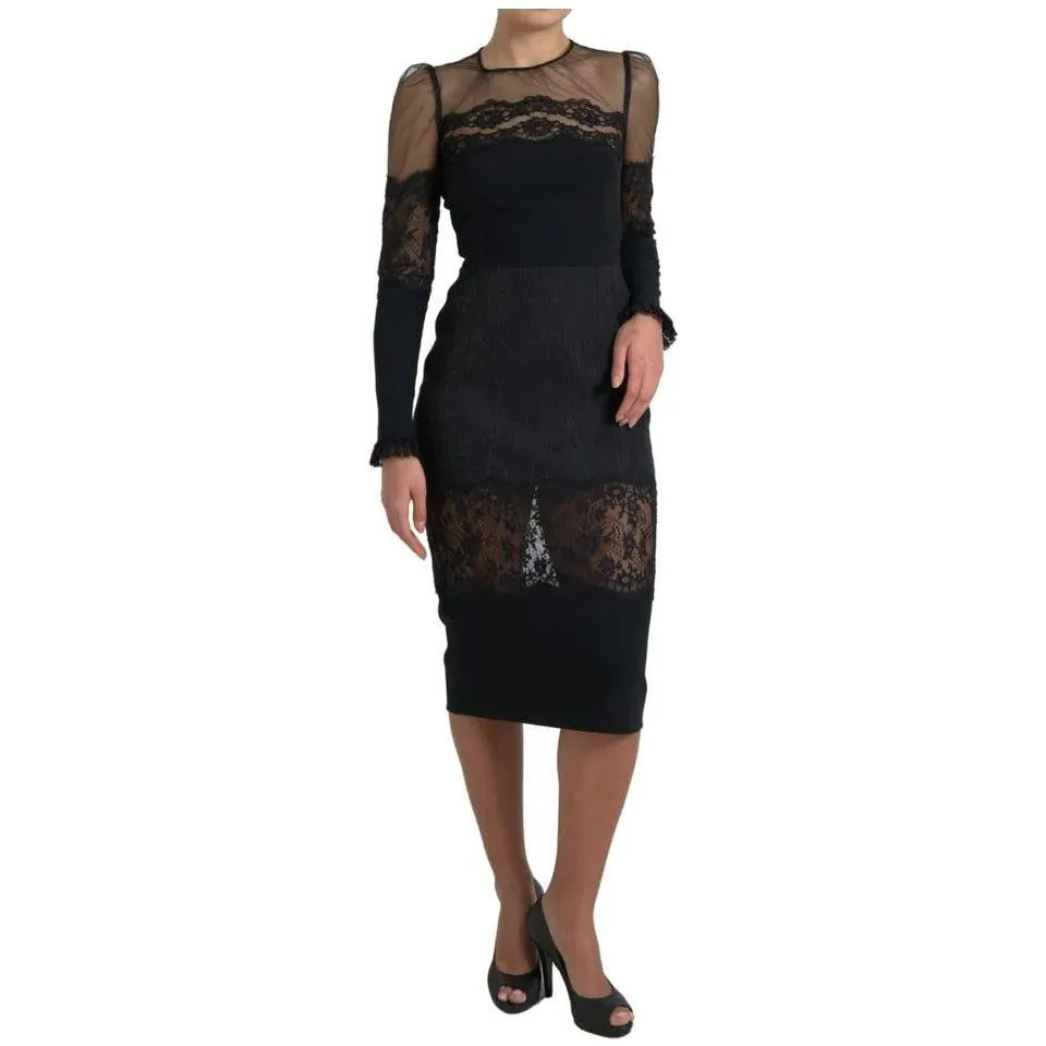 Dolce & Gabbana Black Sheer Floral Lace Sheath Midi Dress