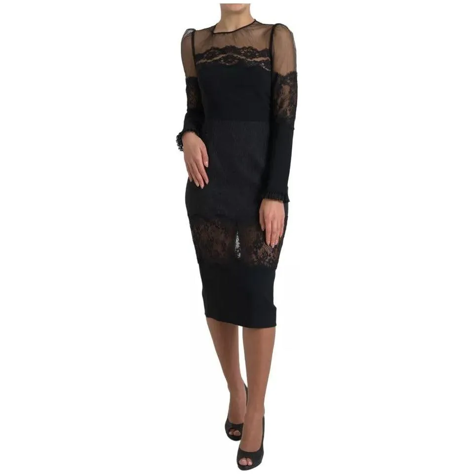 Dolce & Gabbana Black Sheer Floral Lace Sheath Midi Dress