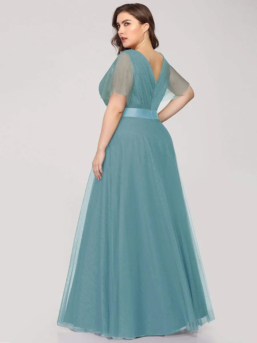 Double V-Neck Floor-Length Short Sleeve Tulle Bridesmaid Dresses