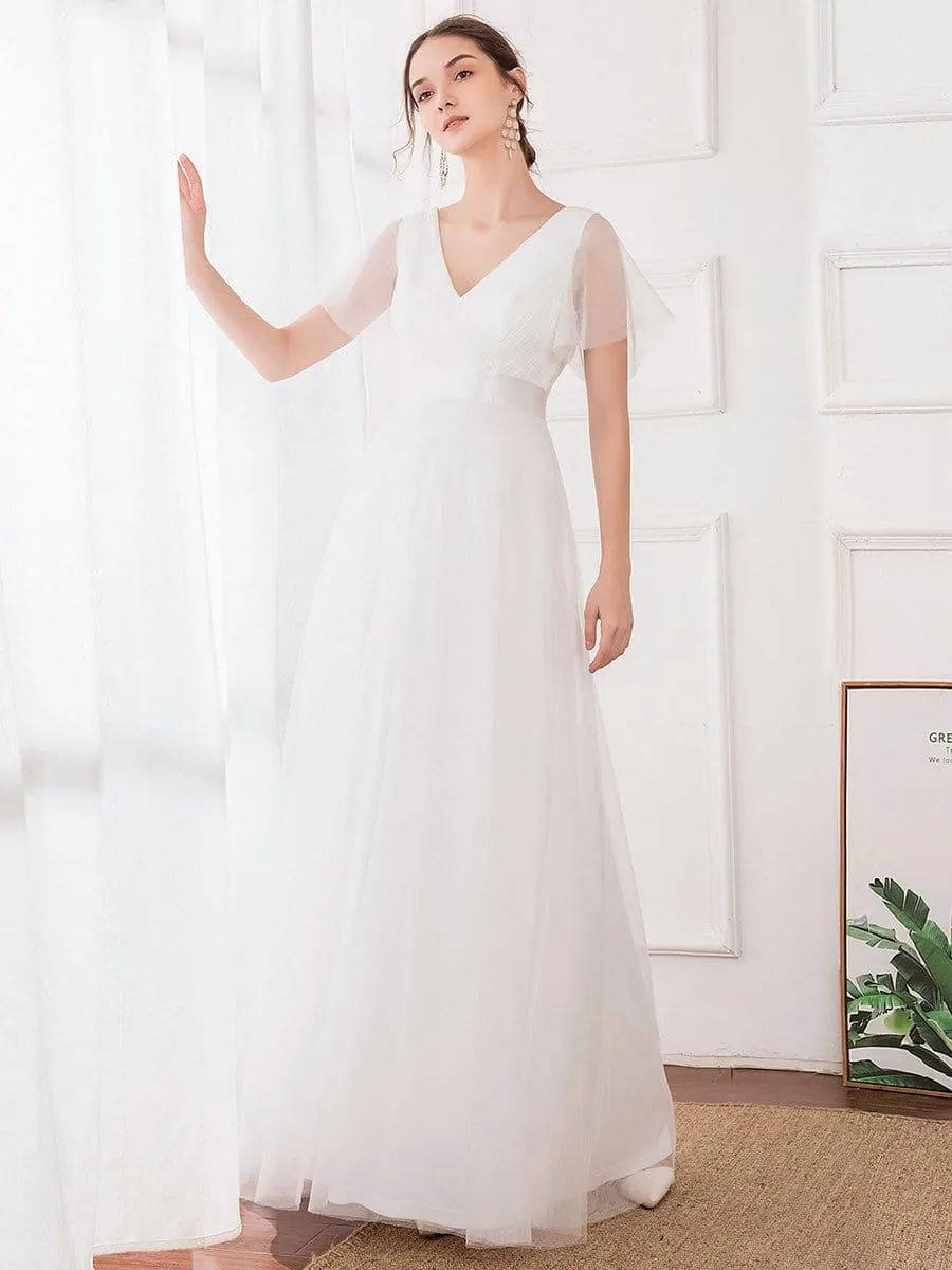 Double V-Neck Floor-Length Short Sleeve Tulle Bridesmaid Dresses