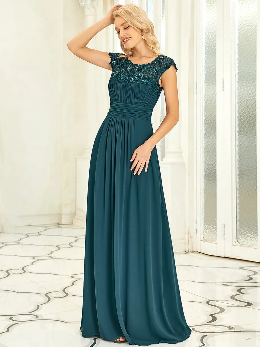 Elegant Maxi Long Lace Cap Sleeve Bridesmaid Dress