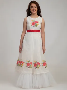 Girl's Off-White Floral Embroidered Fit & Flare Dress - Bitiya By Bhama