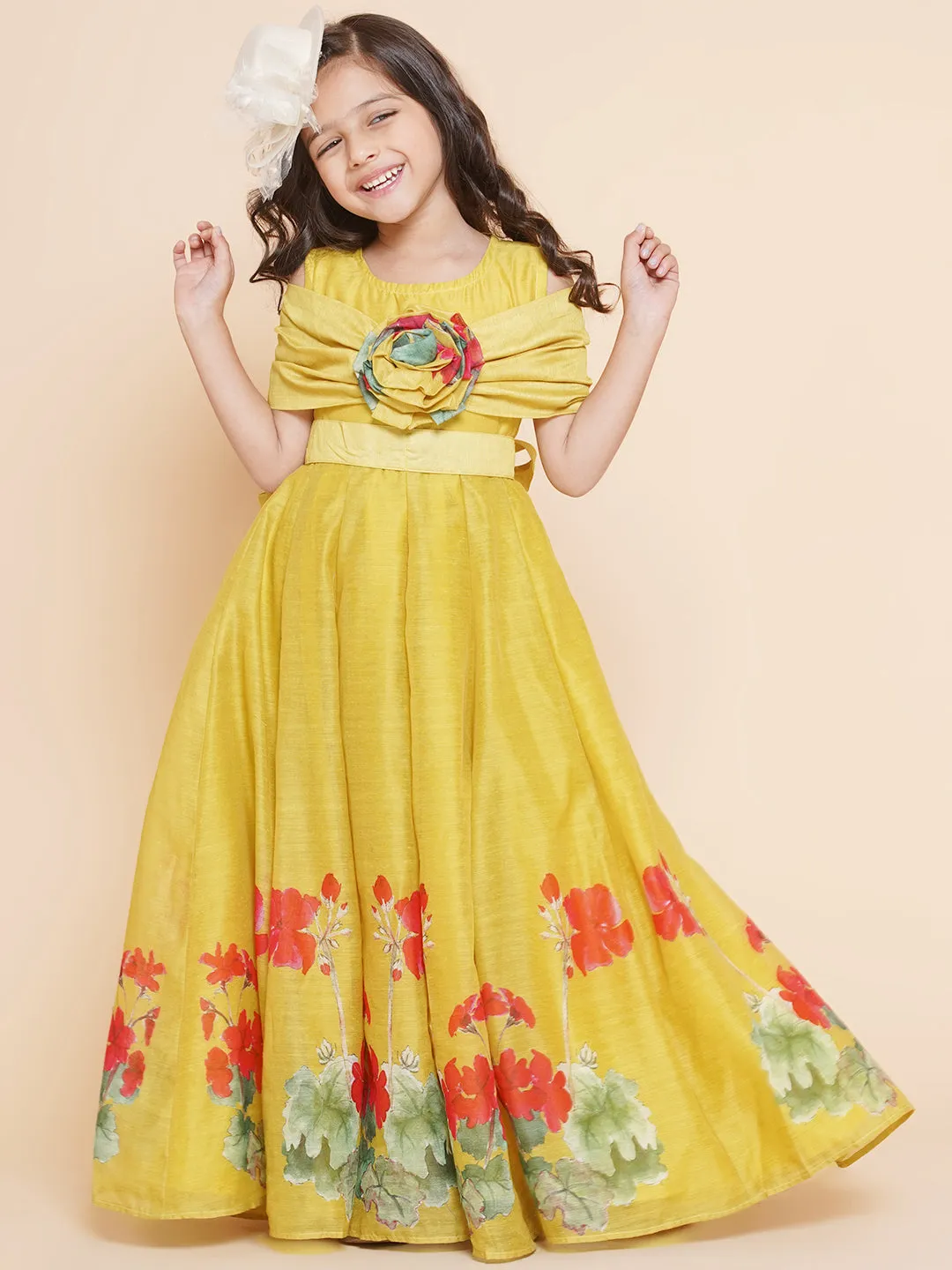 Girl's Yellow Floral Printed Dress - Bitiya By Bhama