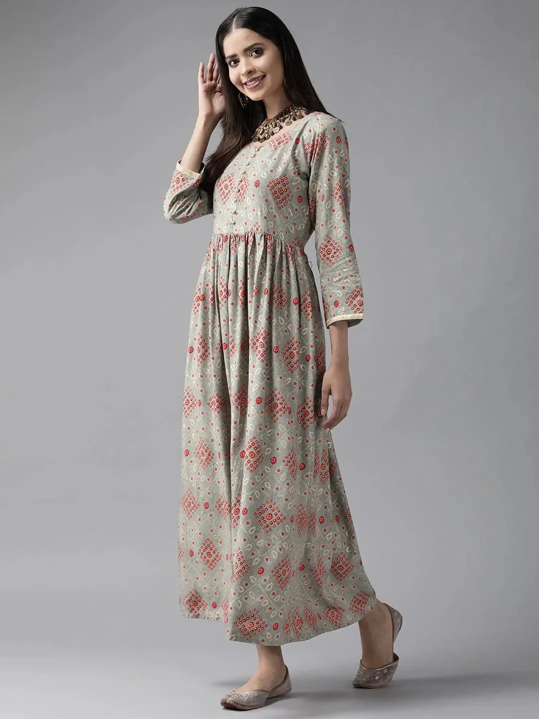 Grey Printed Rayon Maxi Dress