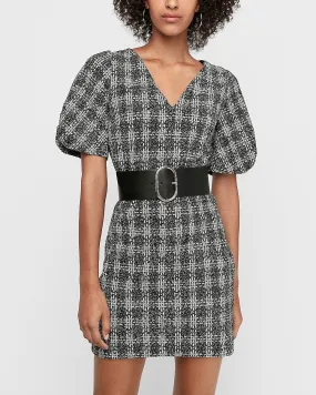 Jacquard Puff Sleeve Mini Shift Dress in White And Black