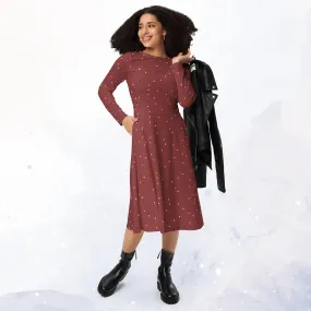 Maroon and Gold Polka Dot Long Sleeve Midi Dress with Pockets