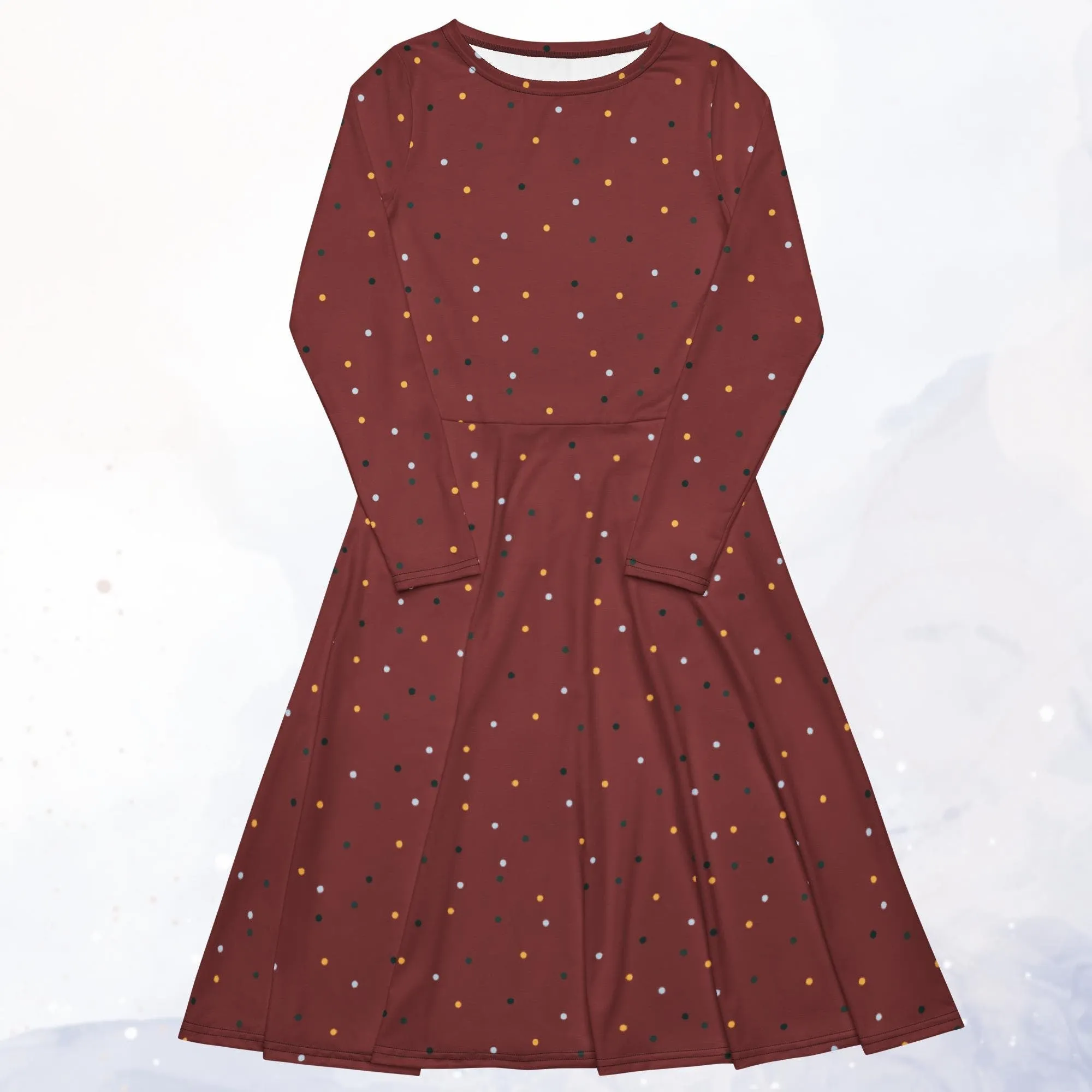 Maroon and Gold Polka Dot Long Sleeve Midi Dress with Pockets