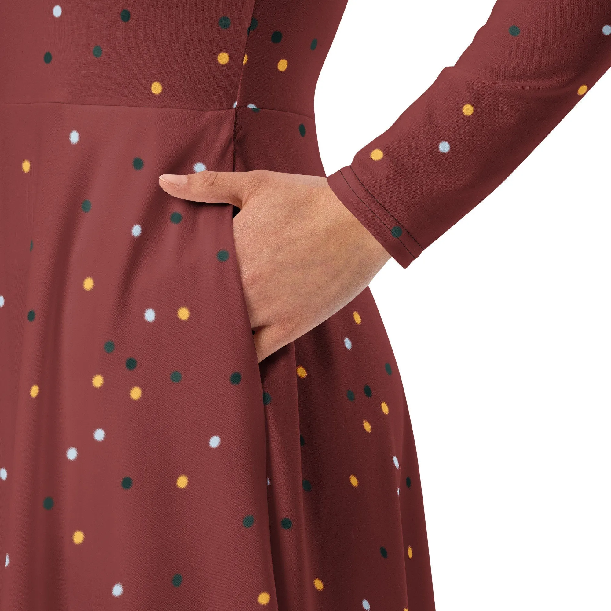 Maroon and Gold Polka Dot Long Sleeve Midi Dress with Pockets