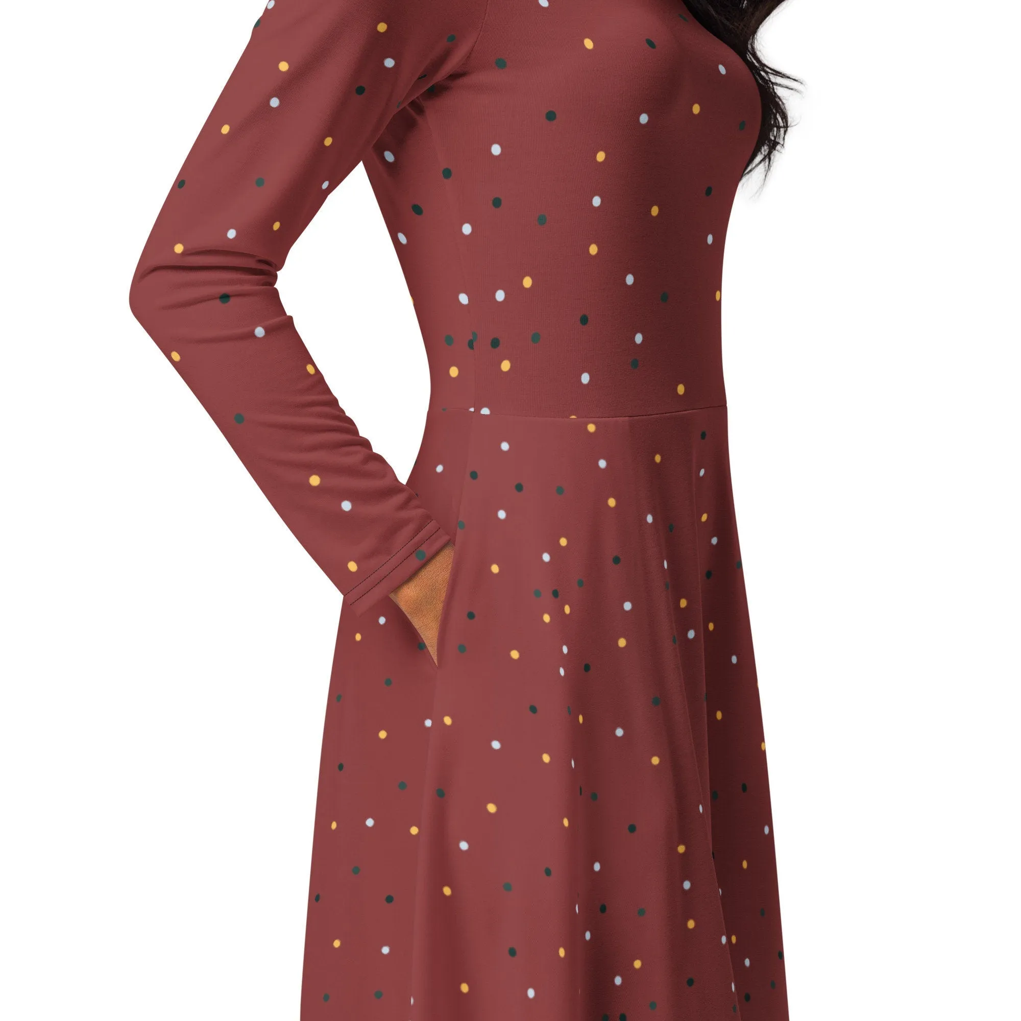 Maroon and Gold Polka Dot Long Sleeve Midi Dress with Pockets