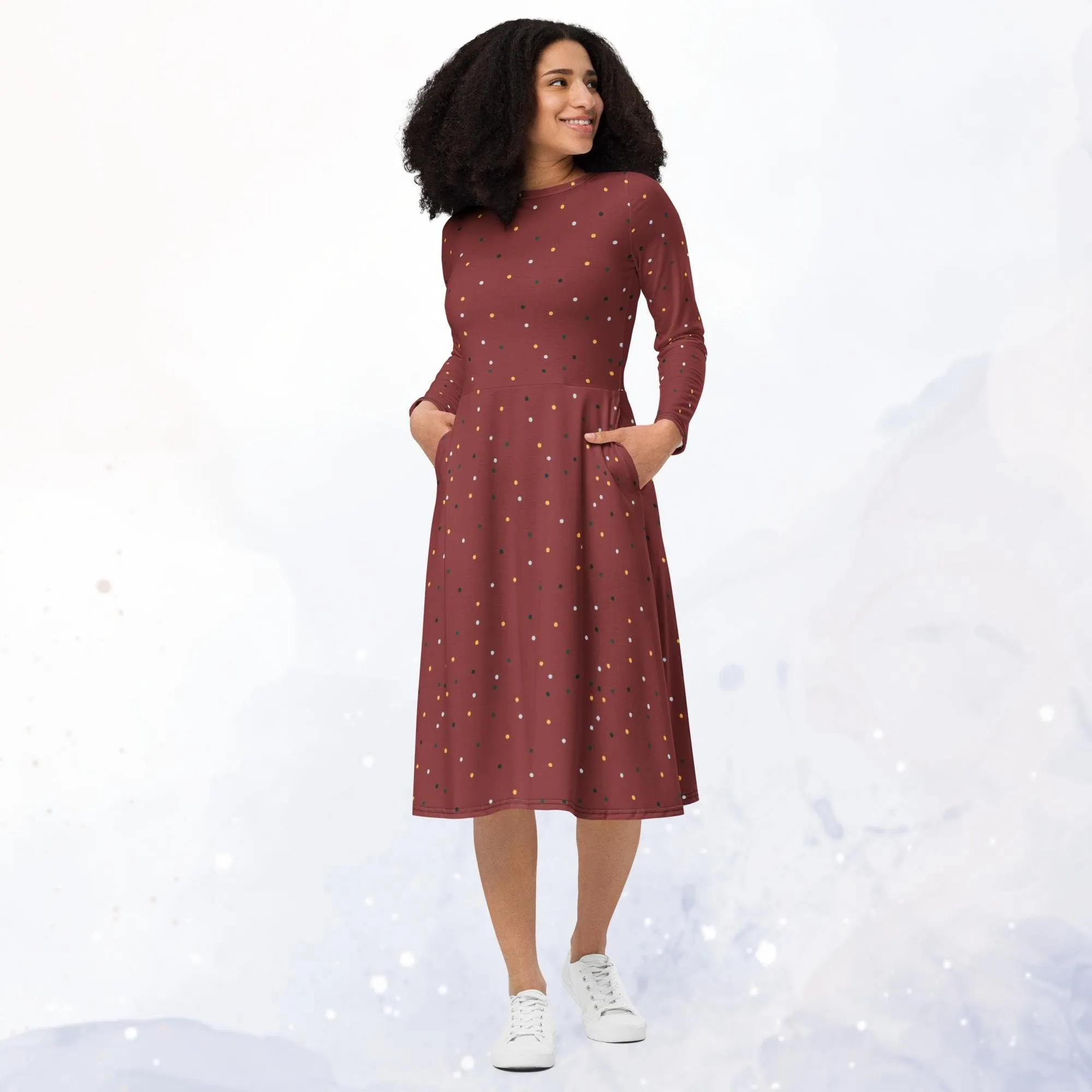 Maroon and Gold Polka Dot Long Sleeve Midi Dress with Pockets