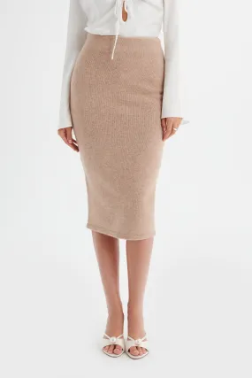 MARTINA Knitted Cashmere Blend Midi Skirt In Beige