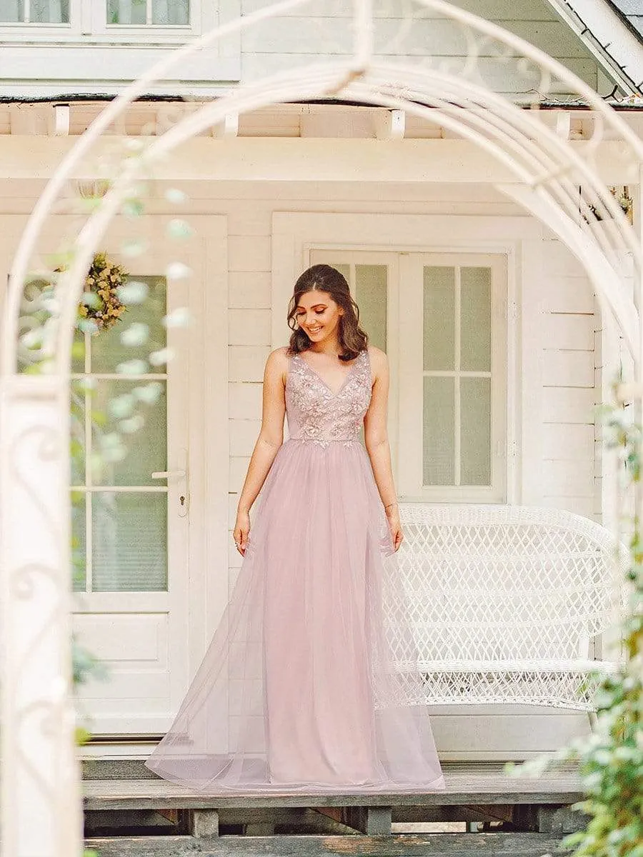 Pink Floral Applique V Neck Long Tulle Bridesmaid Dress