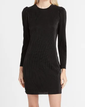 Pleated Puff Shoulder Shift Dress in Pitch Black