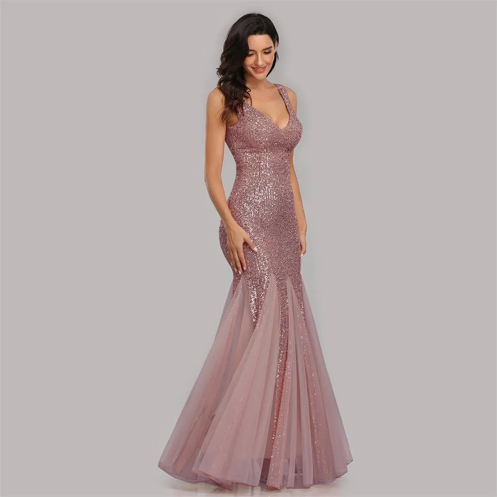 Plus Size V Neck Mermaid Burgundy Long Formal Prom Party Gown Sequins Sleeveless Evening Cocktail Dress