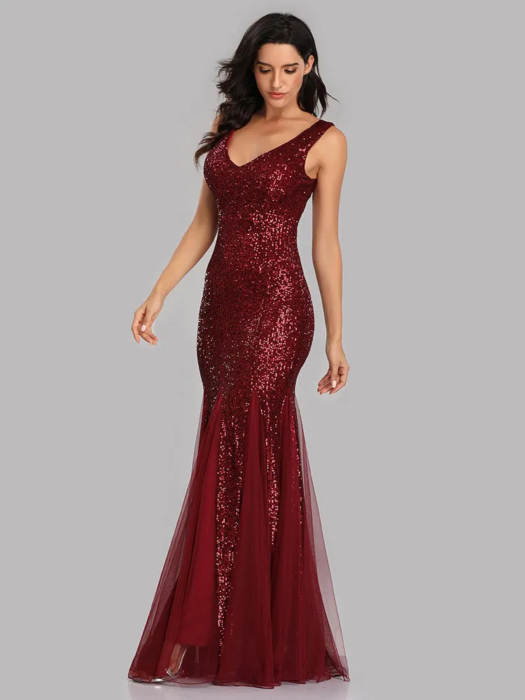 Plus Size V Neck Mermaid Burgundy Long Formal Prom Party Gown Sequins Sleeveless Evening Cocktail Dress