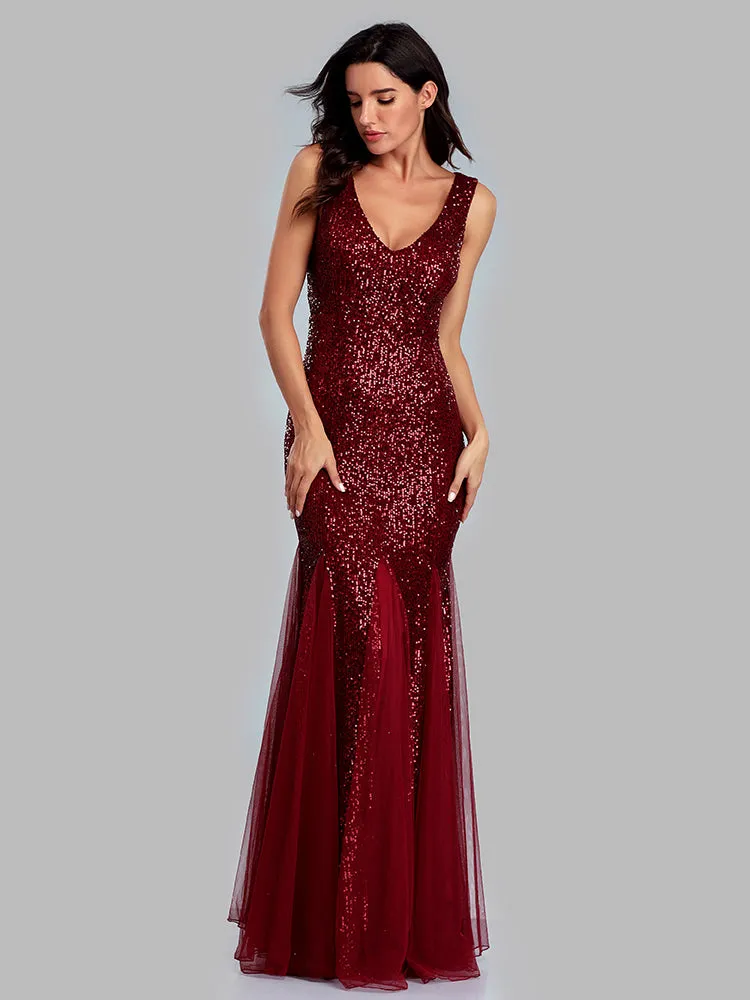 Plus Size V Neck Mermaid Burgundy Long Formal Prom Party Gown Sequins Sleeveless Evening Cocktail Dress