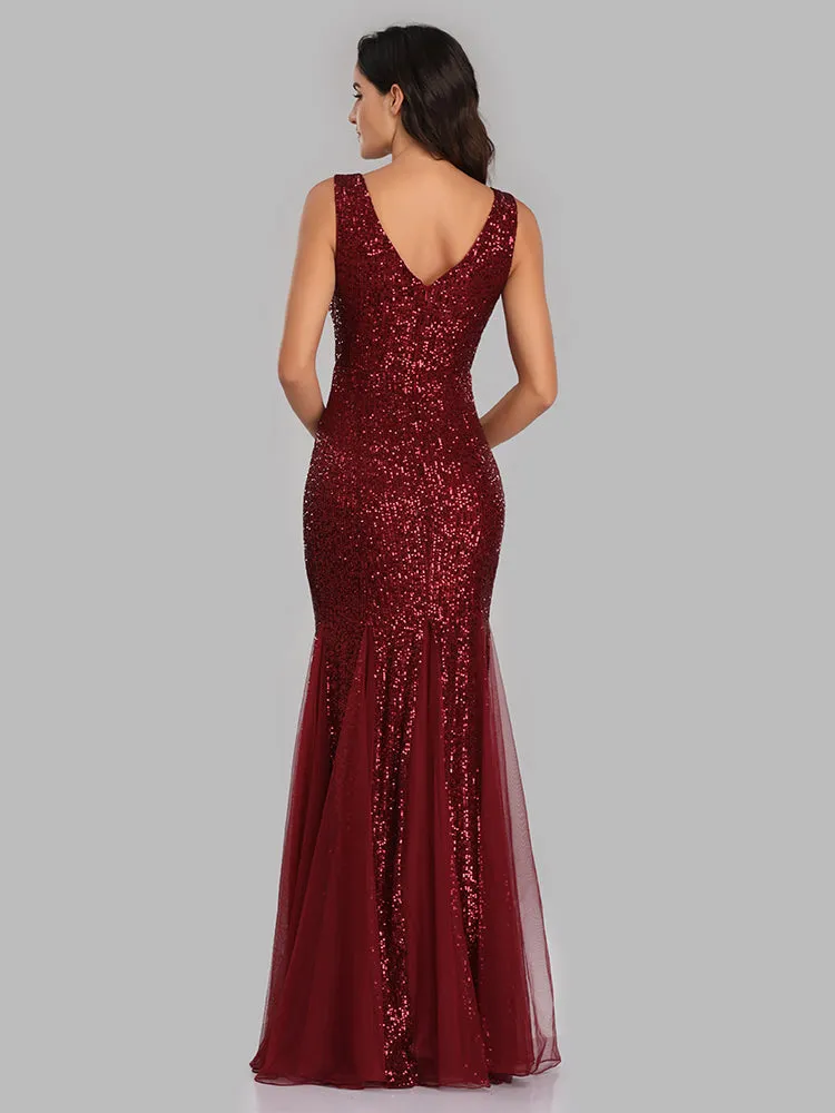 Plus Size V Neck Mermaid Burgundy Long Formal Prom Party Gown Sequins Sleeveless Evening Cocktail Dress