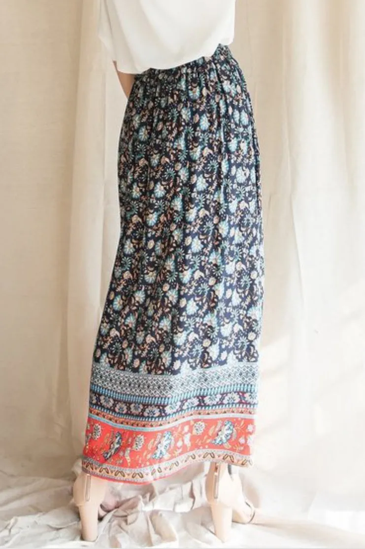 Reina Navy Boho Maxi Skirt