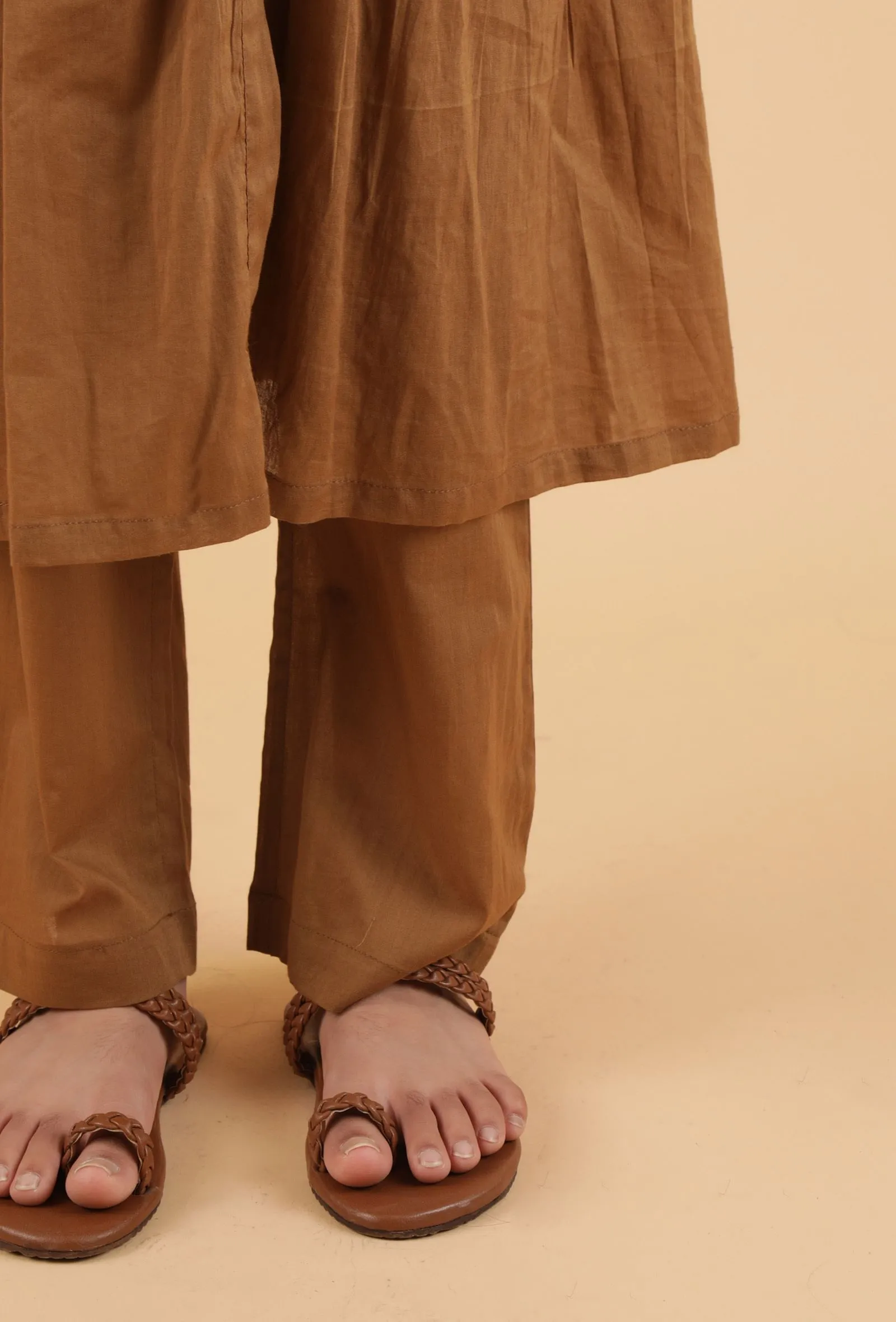 Set Of 2: Dark Brown Mulmul Kurta & Pants