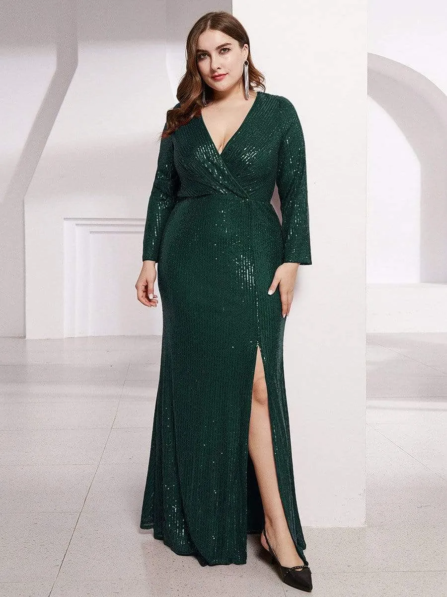 Shiny V Neck Plus Size Long Sleeve Sequin Evening Dress