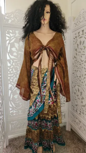 Silk Gold Print Boho Wrap Maxi Skirt