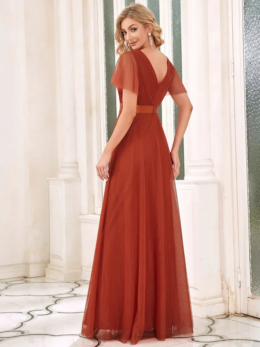 V-Neck Floor-Length Short Sleeve Tulle Bridesmaid Dresses