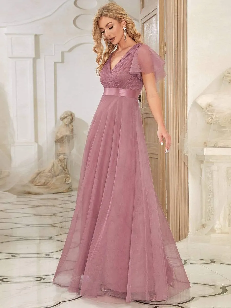 V-Neck Floor-Length Short Sleeve Tulle Bridesmaid Dresses