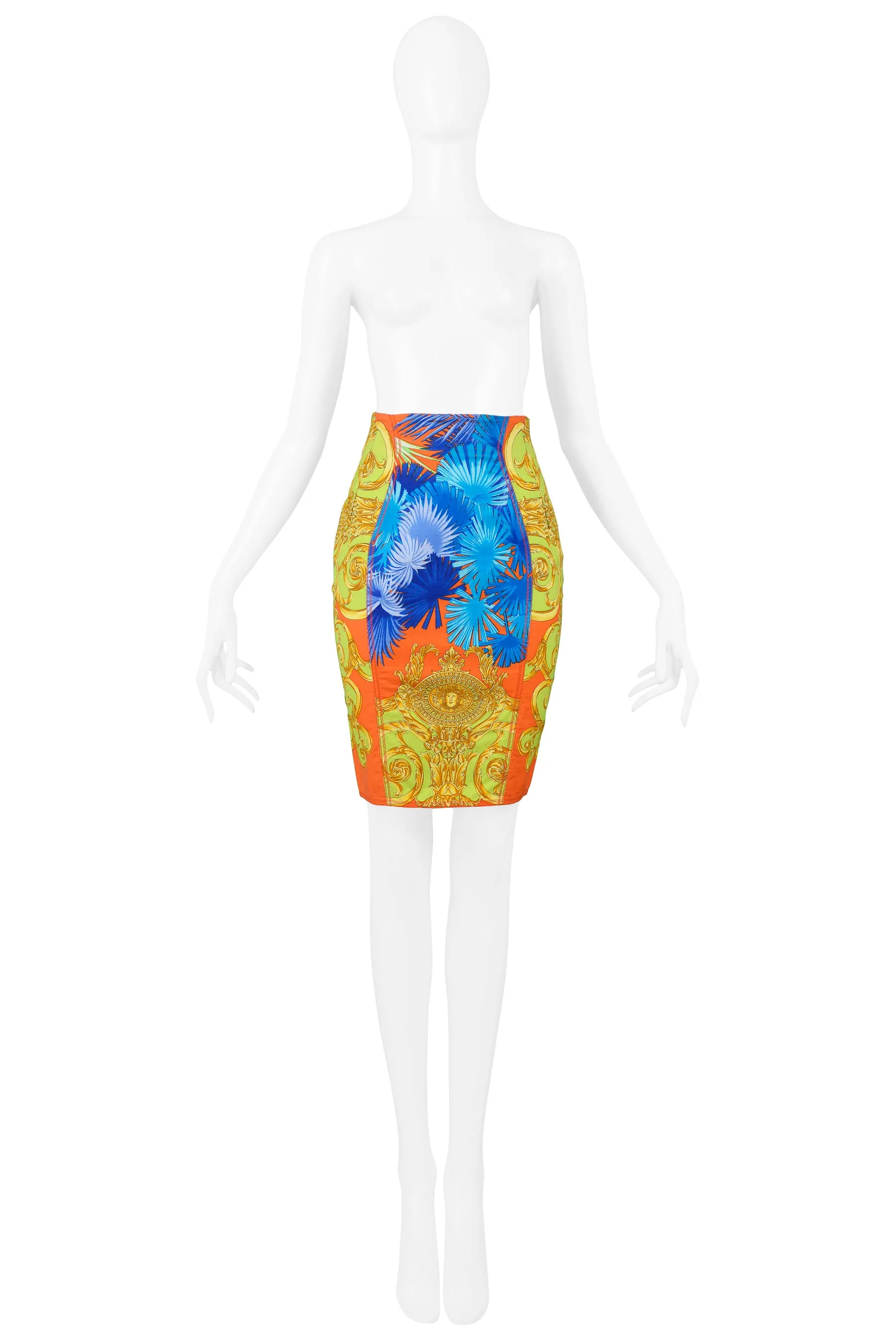 VERSACE MULTICOLOR PALM PRINT COTTON PENCIL SKIRT 1990S