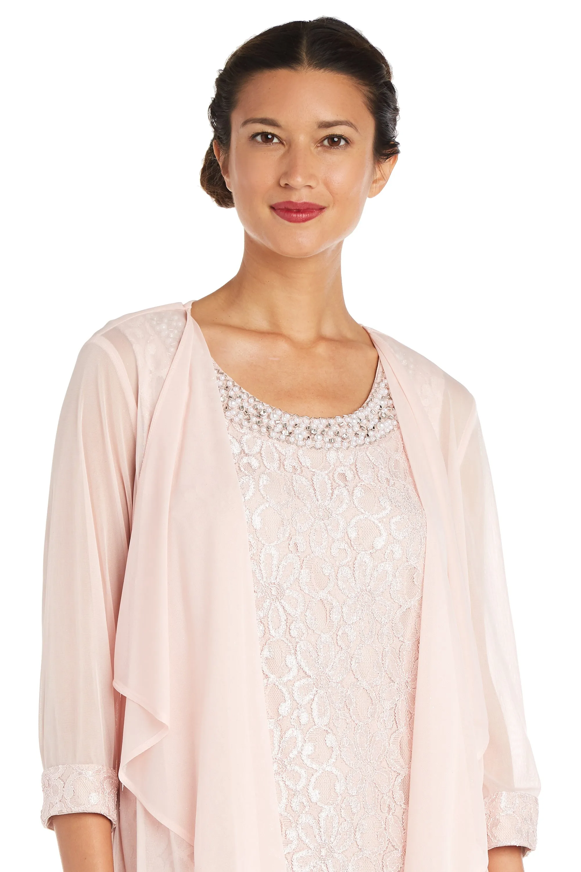 Women's Petite Sheer Draped Jacket and Pearl-Embellished Lace Shift Dress