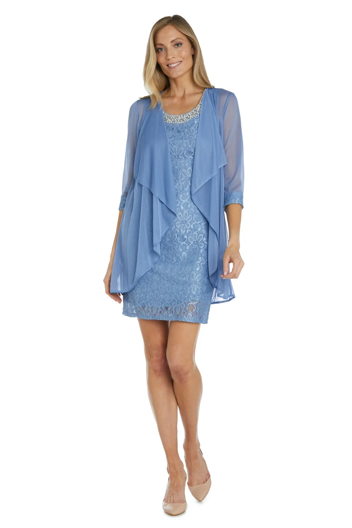 Women's Petite Sheer Draped Jacket and Pearl-Embellished Lace Shift Dress