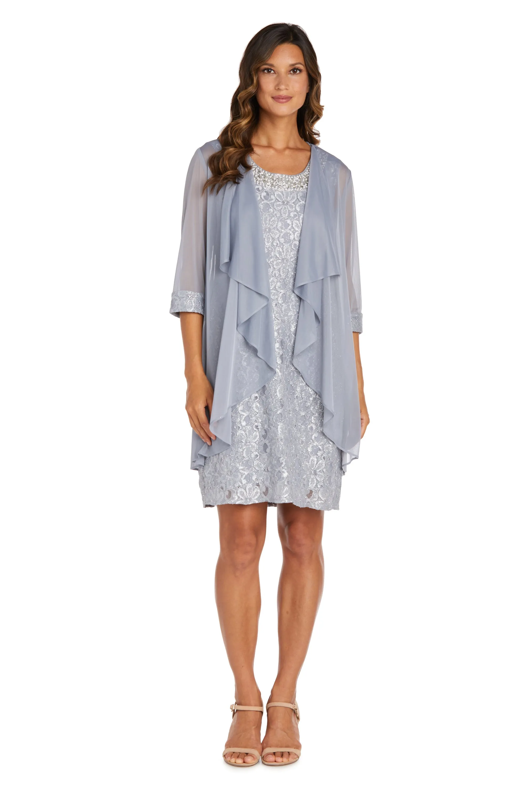 Women's Petite Sheer Draped Jacket and Pearl-Embellished Lace Shift Dress